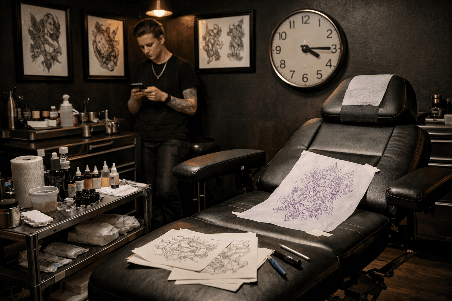 Tattoo artist checking their phone next to an empty chair and prepped station after a client no-show