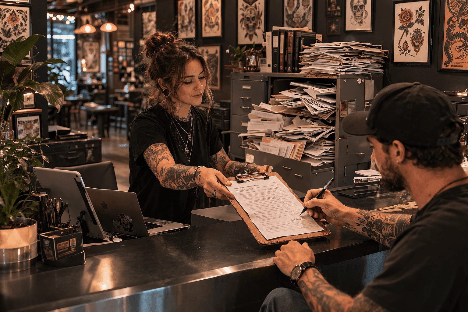 Tattoo artist handing a paper consent form on a clipboard to a client at the studio front desk