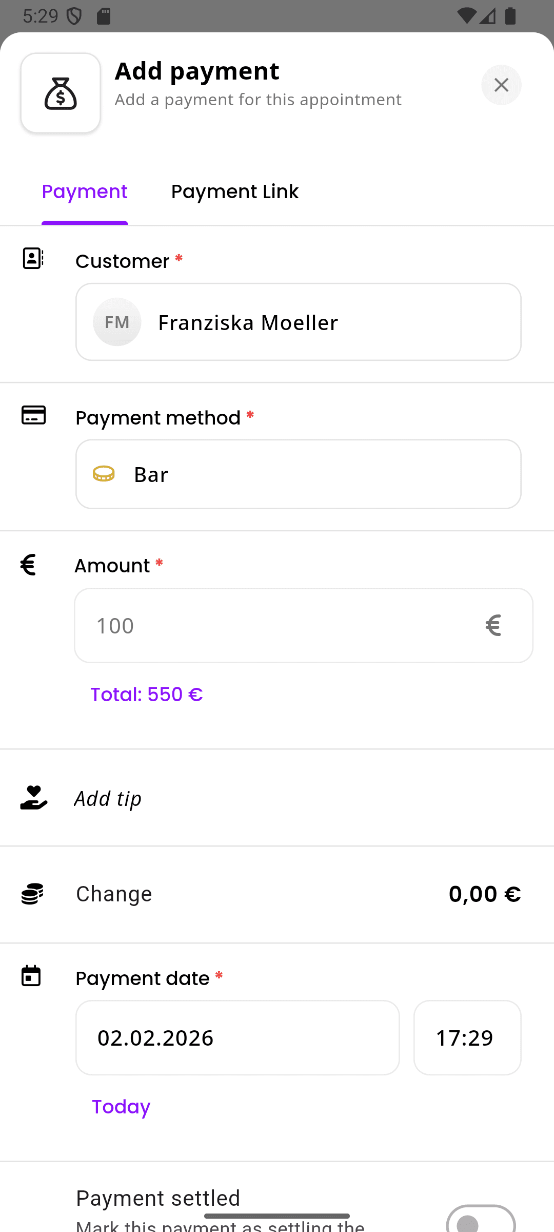 inkStar cash payment recording for an appointment