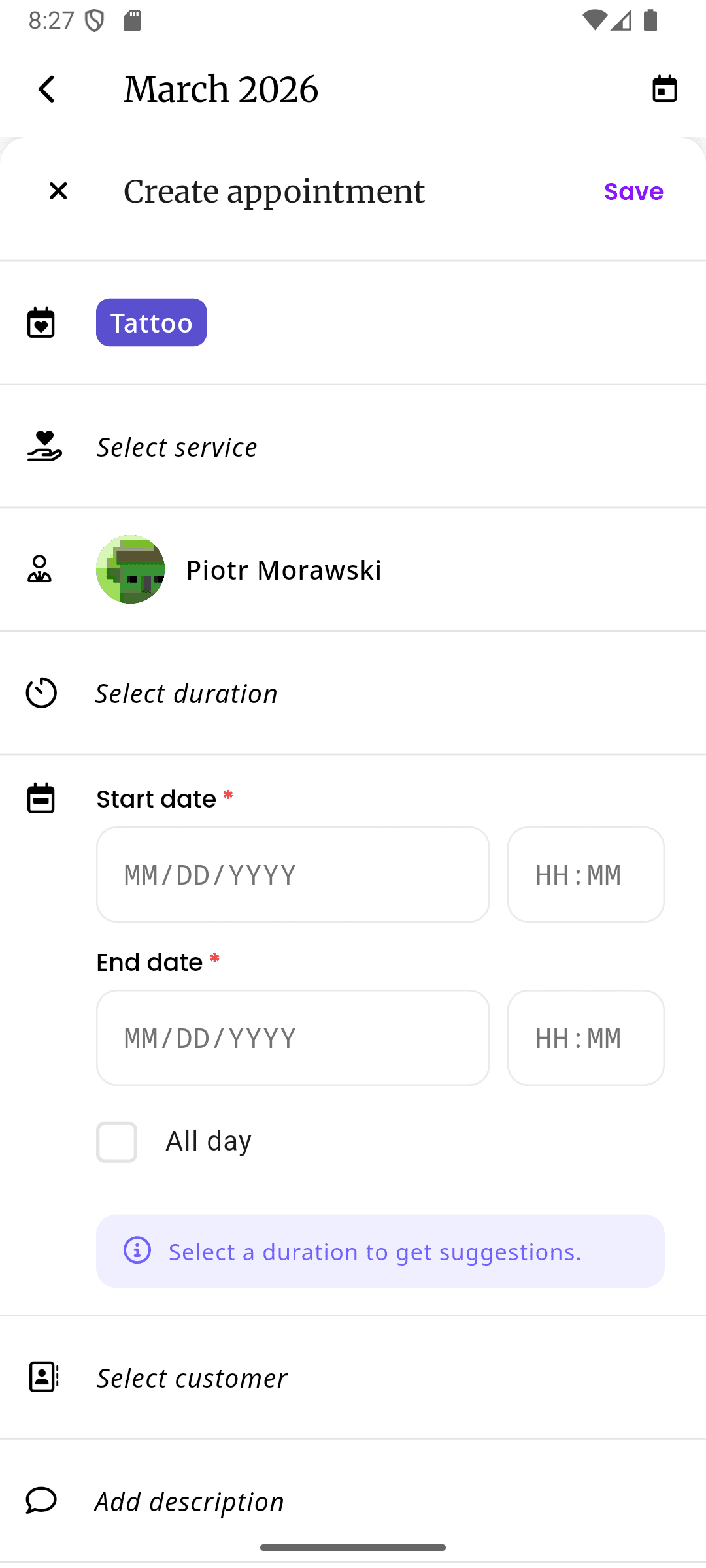 inkStar online booking page showing service selection and available time slots