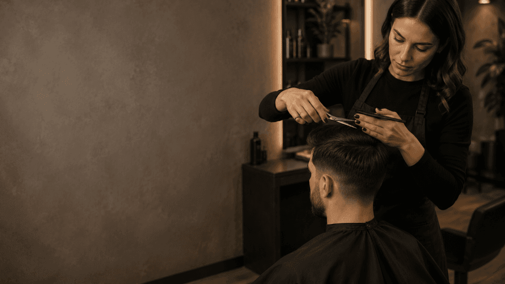 A barber cutting a client's hair in a barbershop