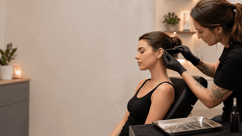 A piercer performing an ear piercing on a client