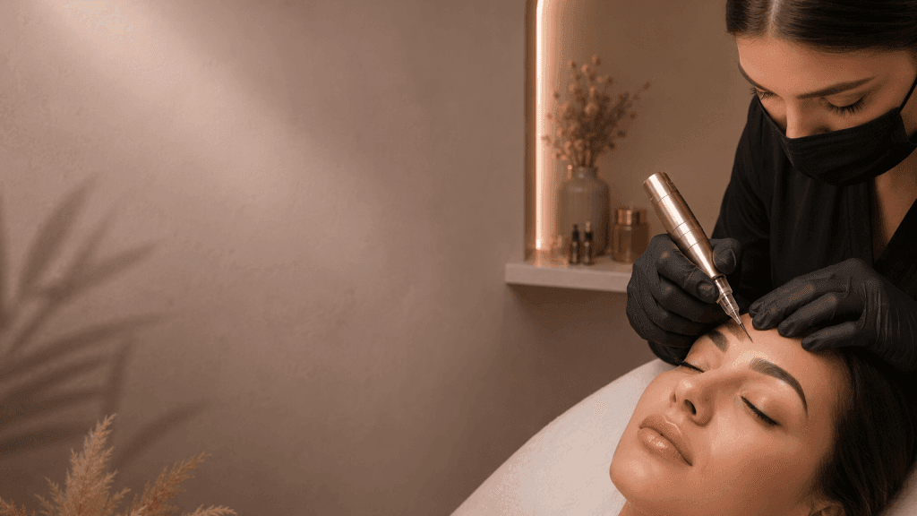 A PMU artist performing a permanent makeup treatment on a client