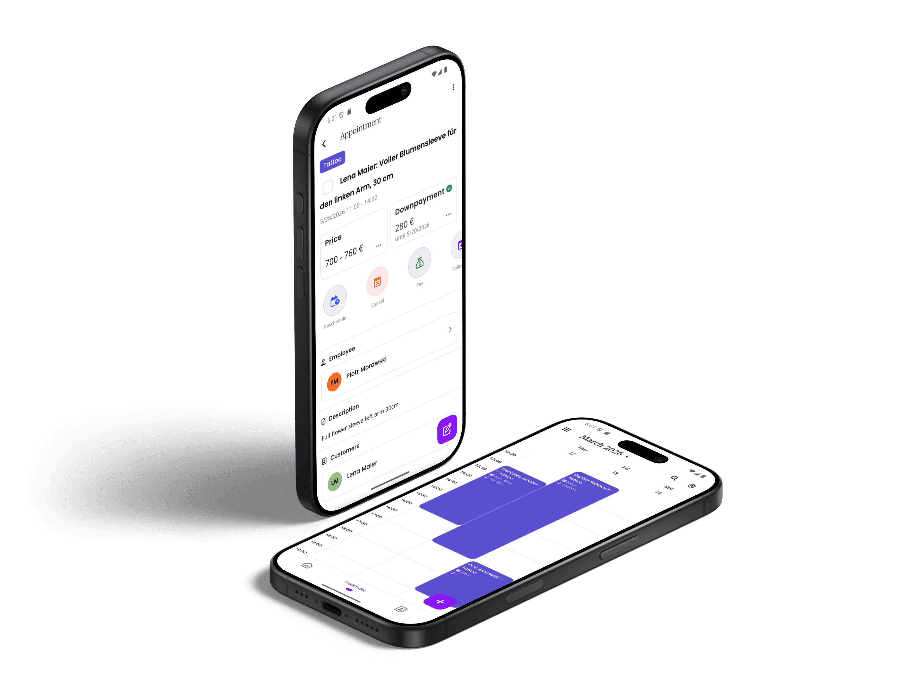 inkStar app showing calendar and appointment details on two phones