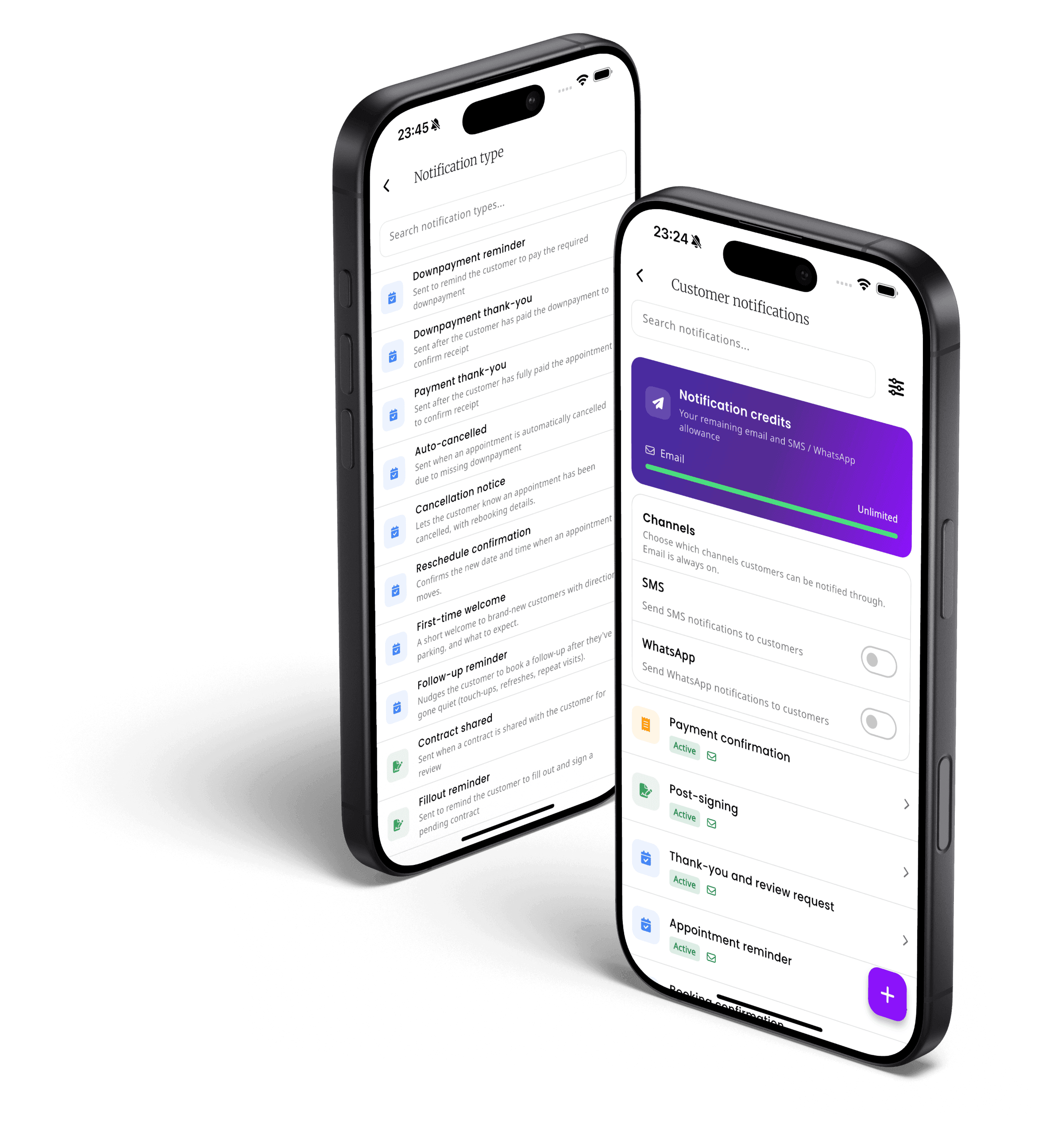 Two iPhones showing inkStar notification types and channel settings for sending automated SMS and WhatsApp appointment reminders alongside email
