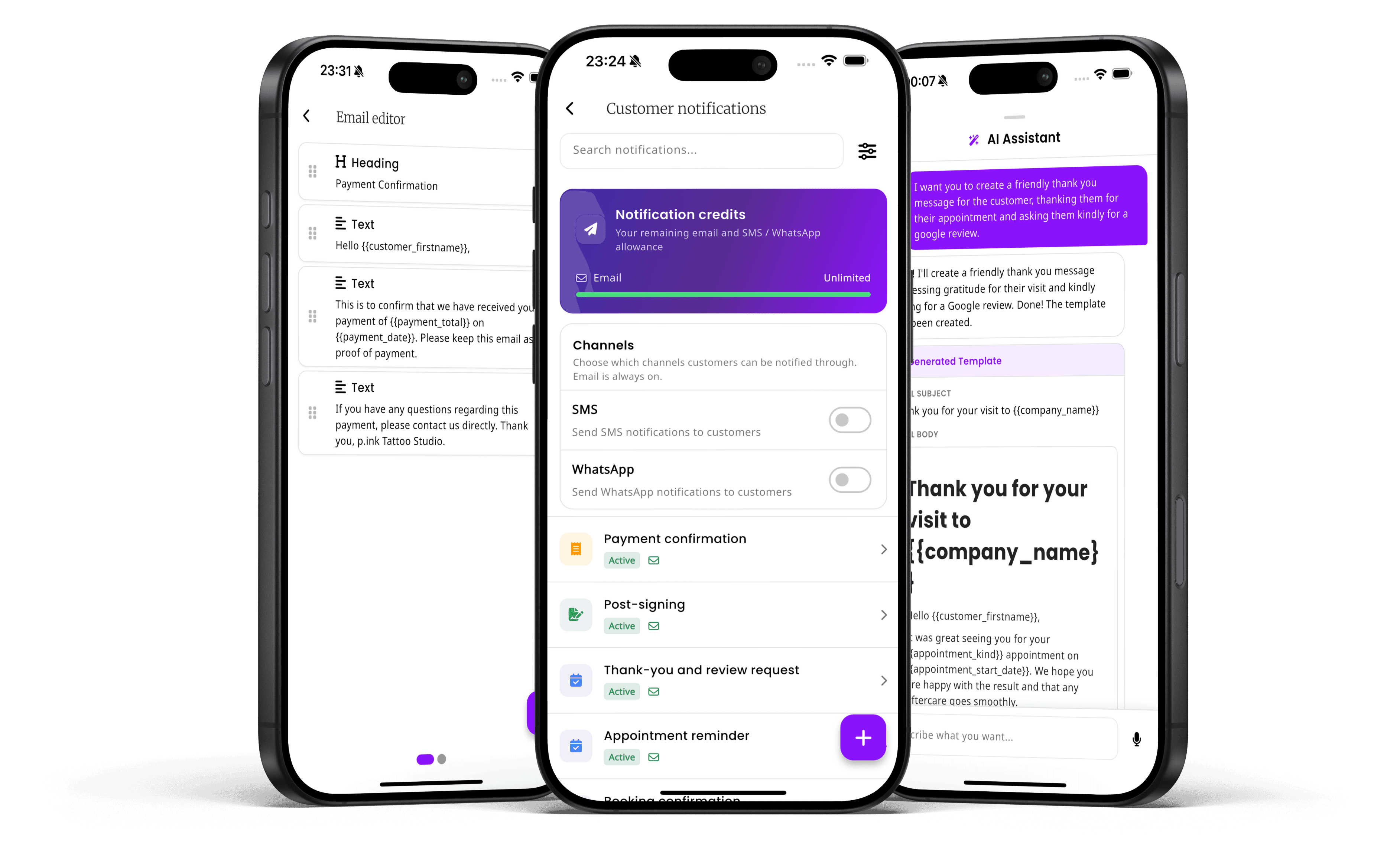 Three iPhones showing the inkStar automated customer notification workflow: browsing notification types, managing active message templates, and generating a thank-you and Google review request with AI