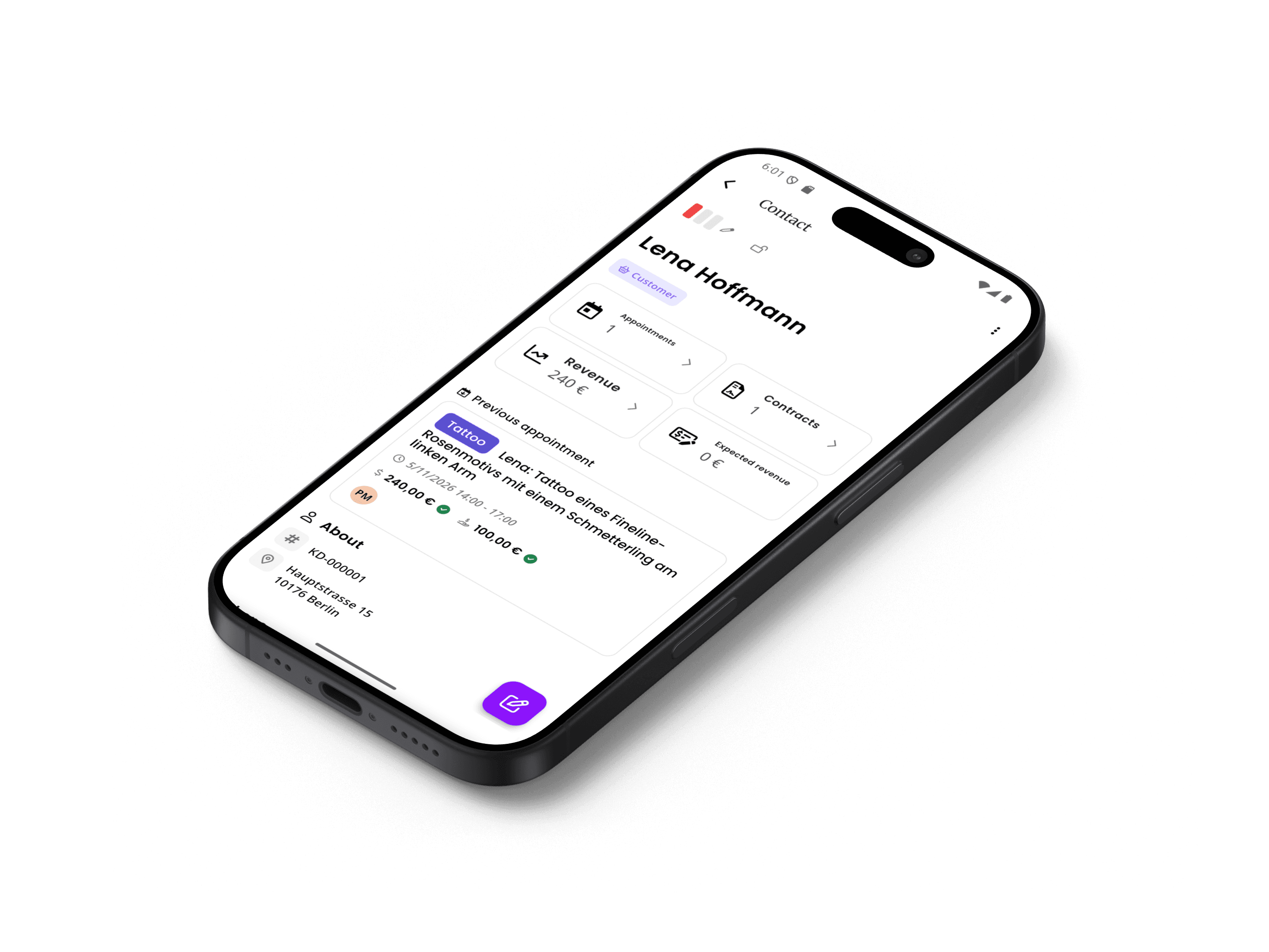 inkStar client profile on iPhone showing contact details, tags, and consent status