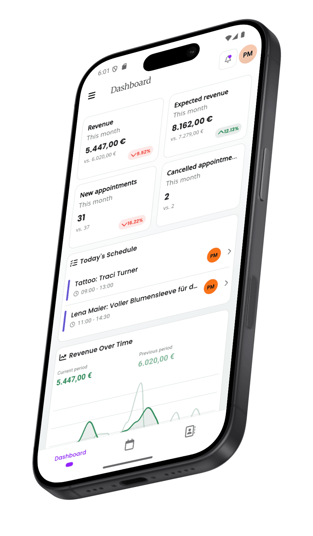 inkStar report dashboard on iPhone showing revenue overview
