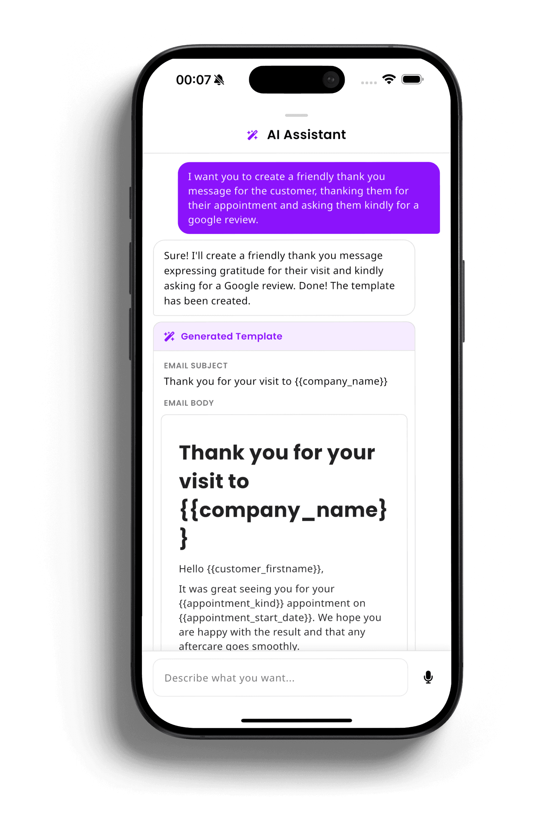 inkStar AI Assistant chat on iPhone generating a personalized thank-you and Google review request email template from a simple text prompt