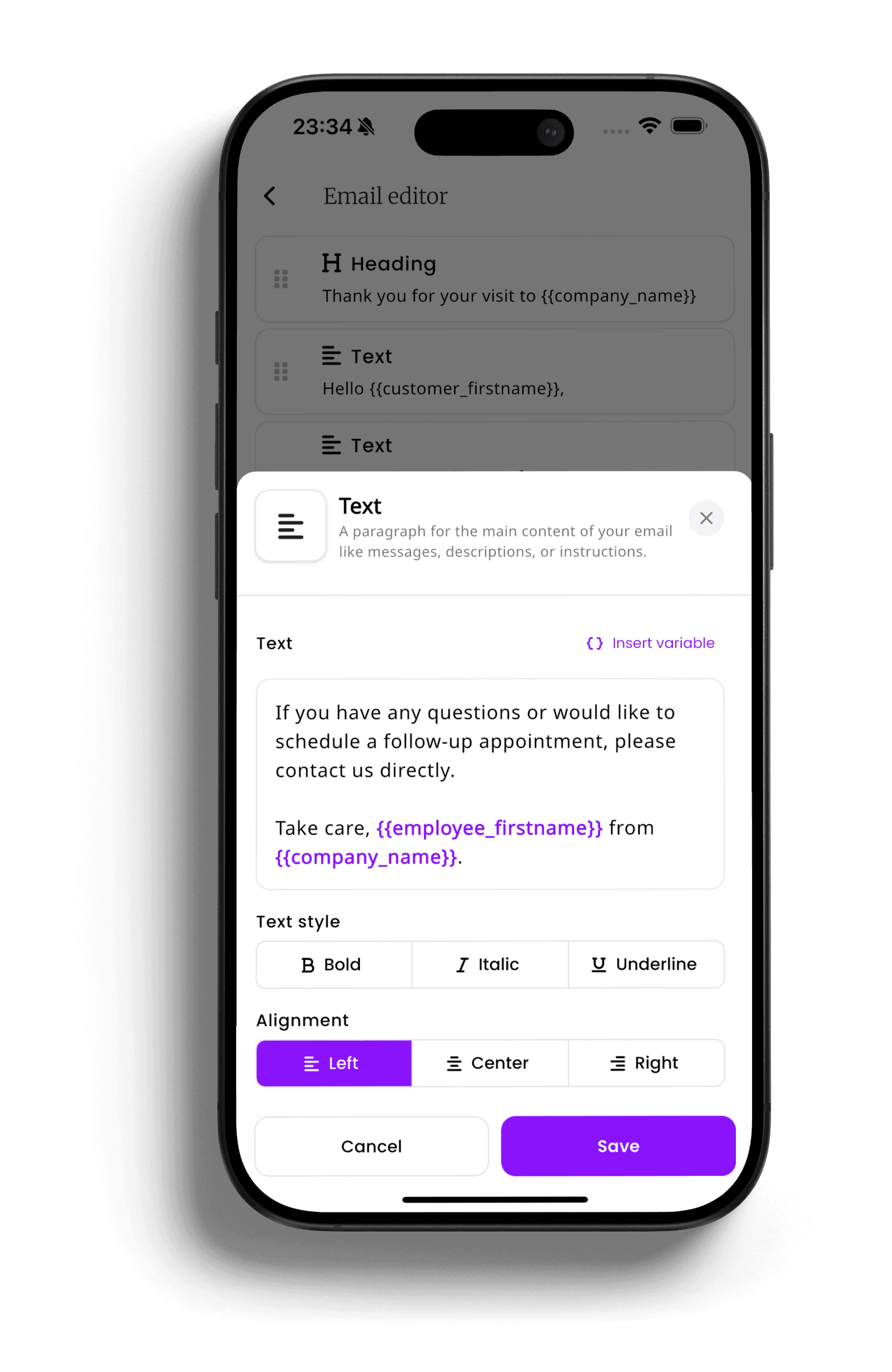 inkStar email block editor on iPhone showing a text block with company_name and employee_firstname dynamic variables inserted alongside text formatting options