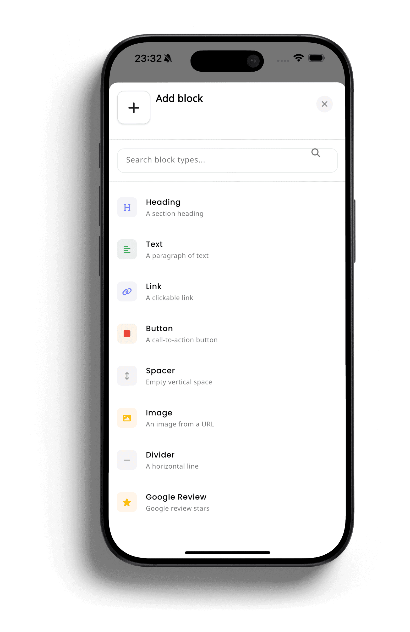 inkStar add block menu on iPhone showing the Google Review block used to request customer reviews directly from an automated thank-you email