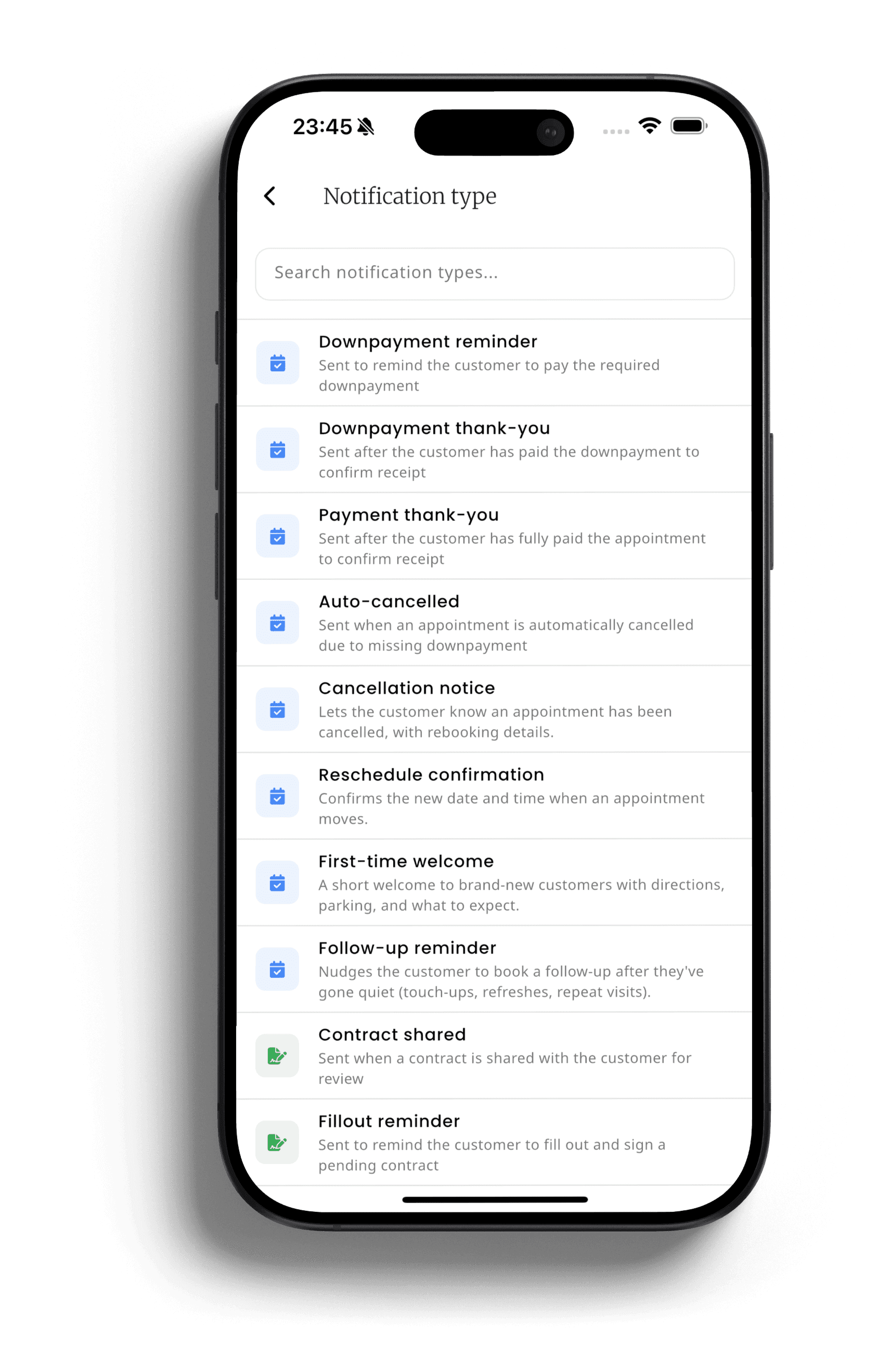 inkStar notification type library on iPhone listing automated thank-you, follow-up reminder, and first-time welcome messages for repeat customer engagement