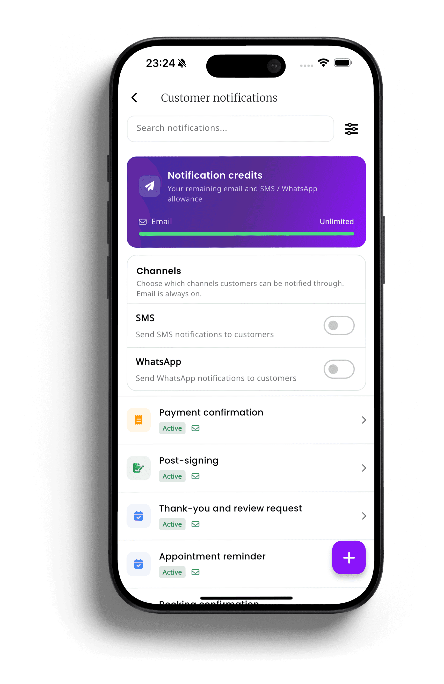 inkStar customer notifications screen on iPhone showing active automated appointment reminder, payment confirmation, and thank-you and review request templates with email, SMS, and WhatsApp channels