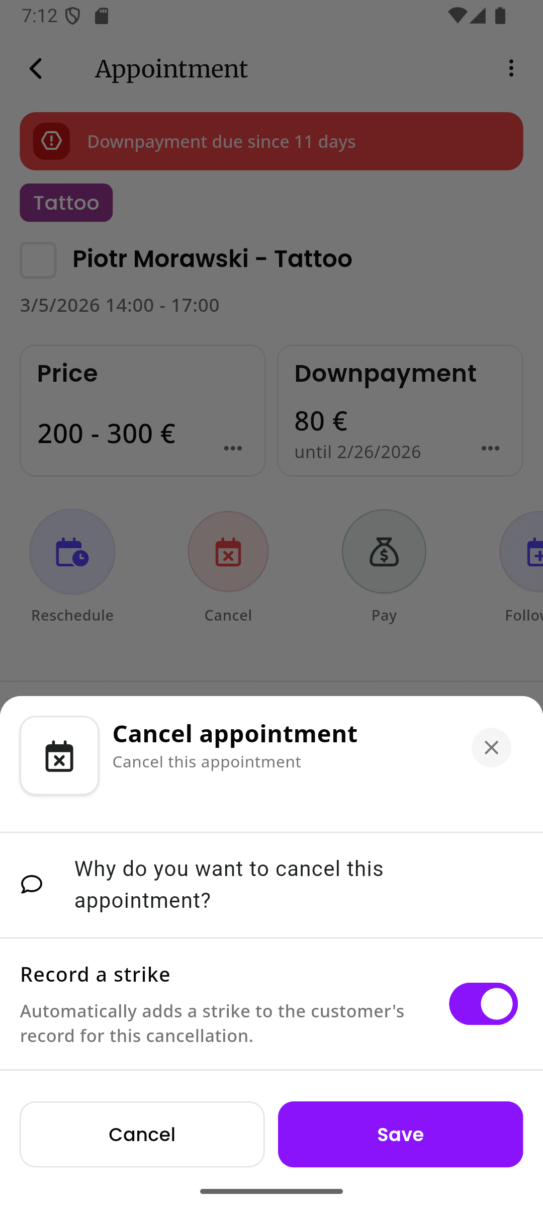 inkStar appointment cancellation screen showing no-show and cancellation status handling