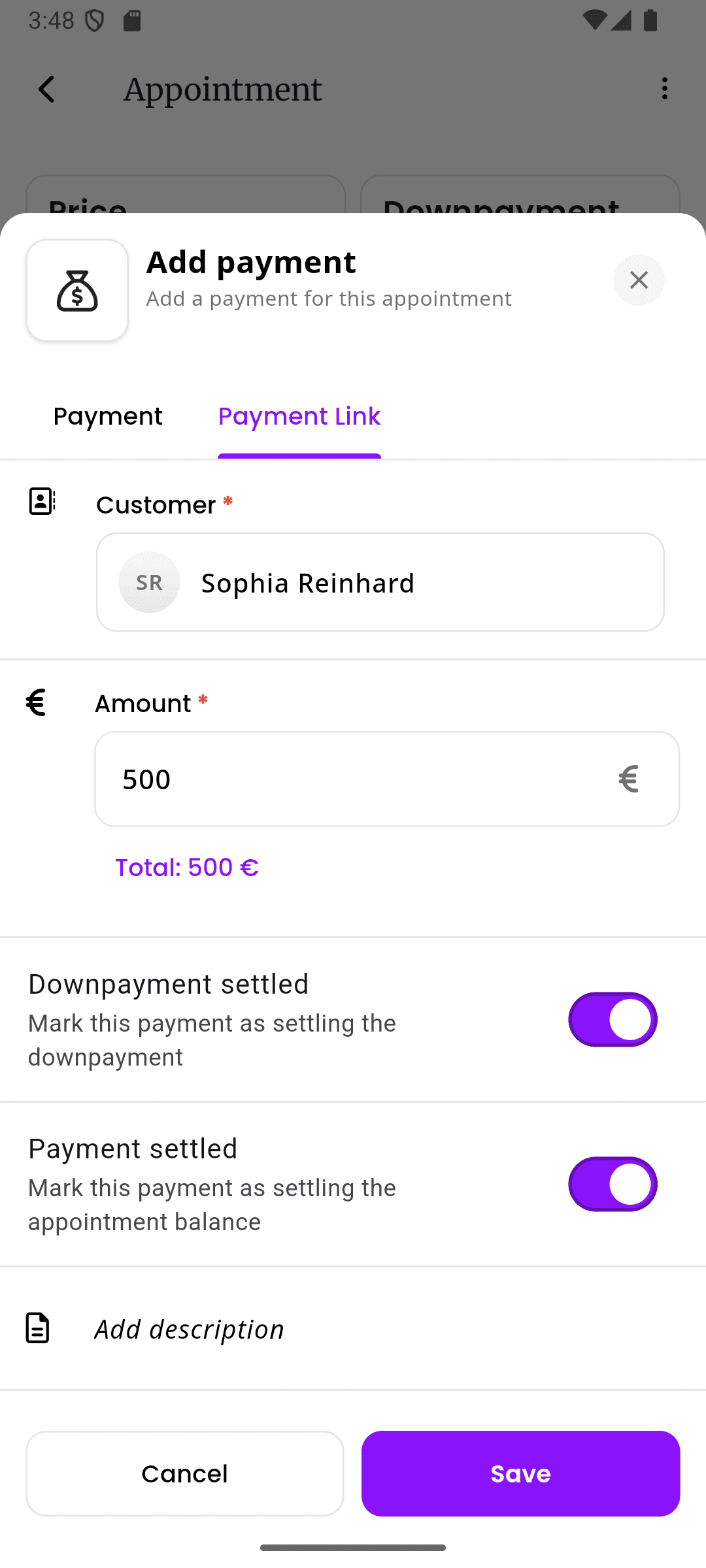 inkStar payment link creation for appointment with customer, amount, and downpayment settlement options