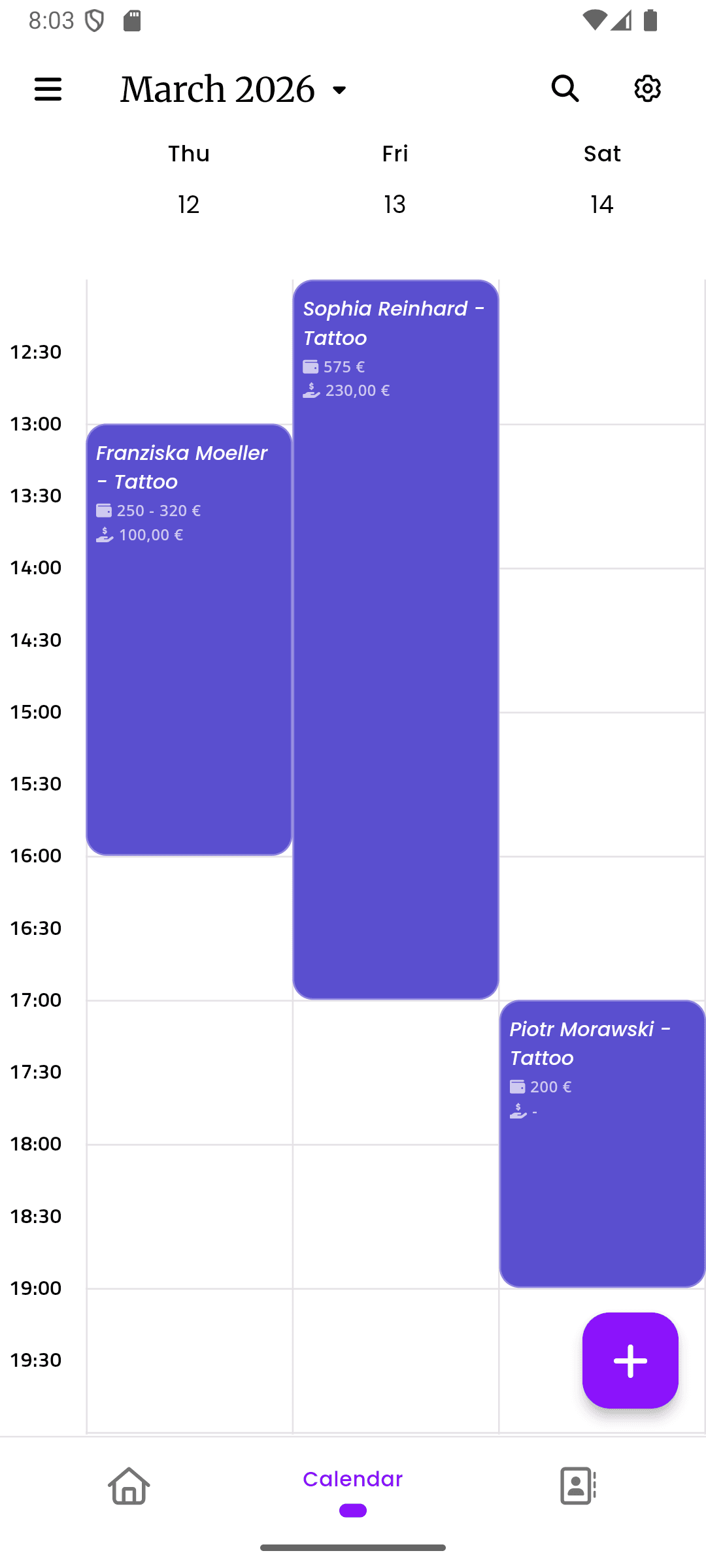 inkStar calendar view with appointment schedule and reminders