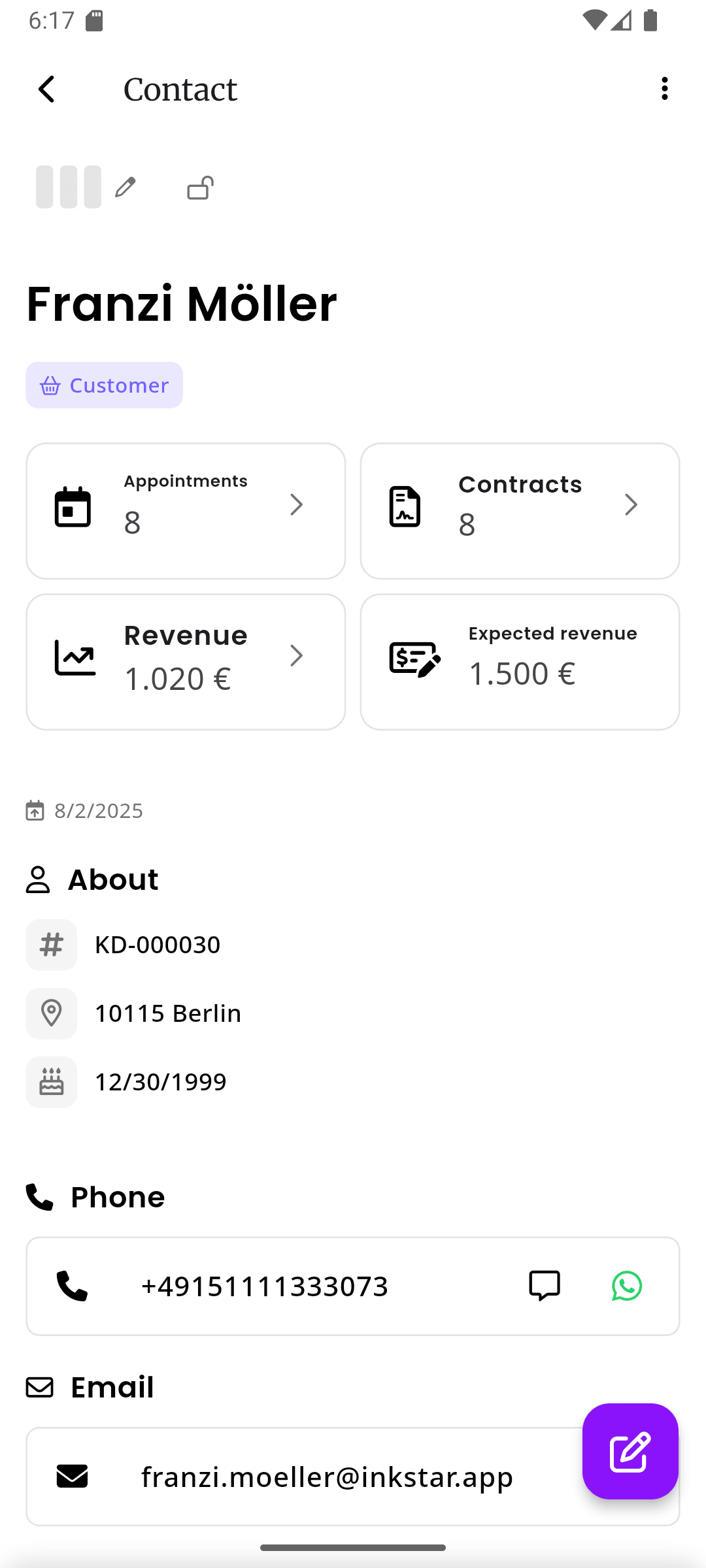 inkStar client profile overview with contact details and activity history