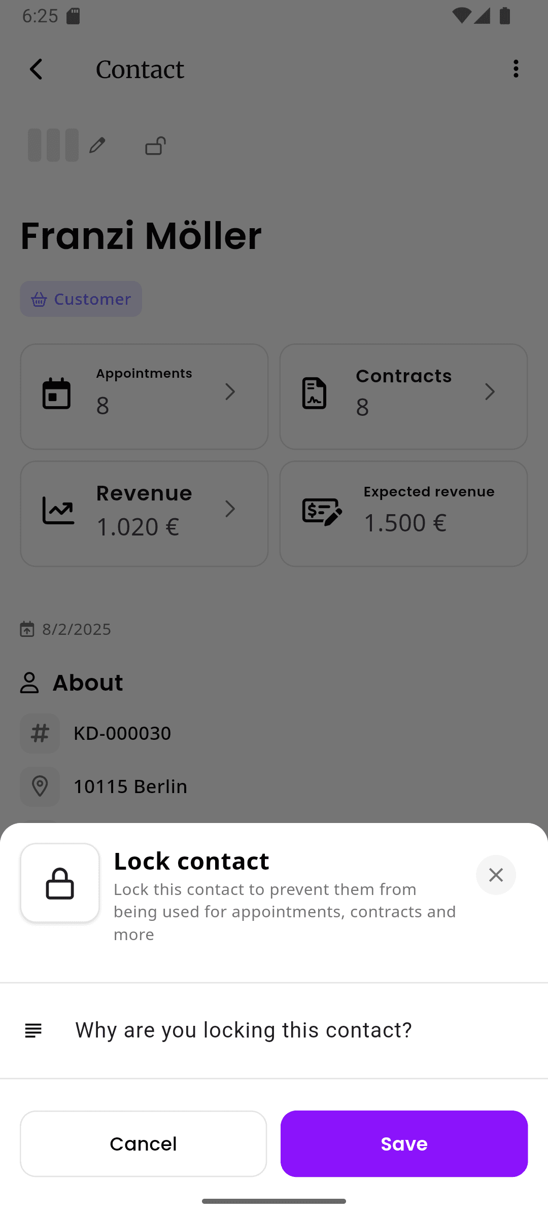 inkStar customer lock sheet showing a locked customer warning reason