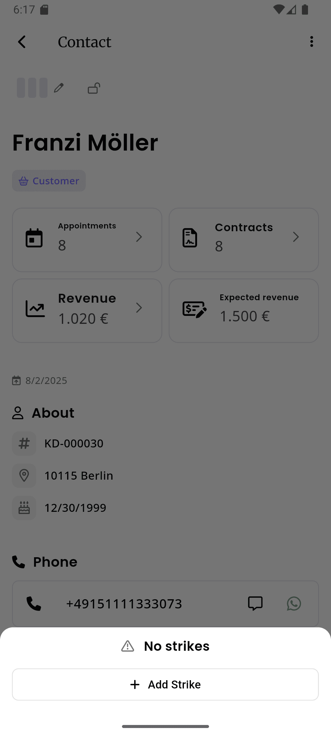 inkStar customer profile strike sheet showing strike management