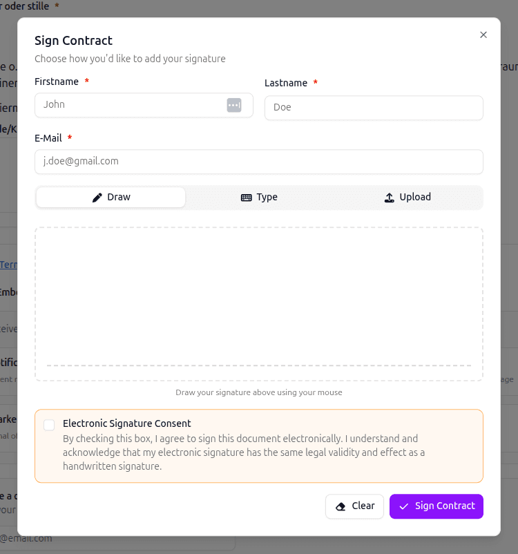 inkStar contract signing screen with a client drawing their signature on a phone