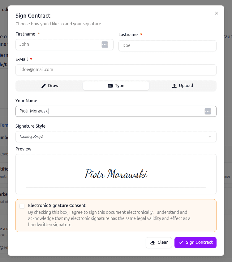 inkStar signature capture screen with a typed signature confirmation