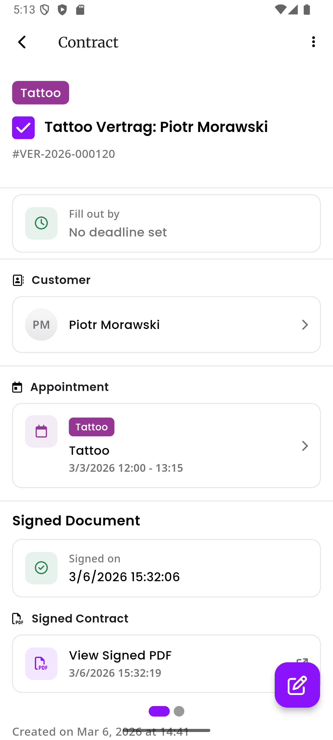 inkStar contract detail page showing the exact date and time a form was signed
