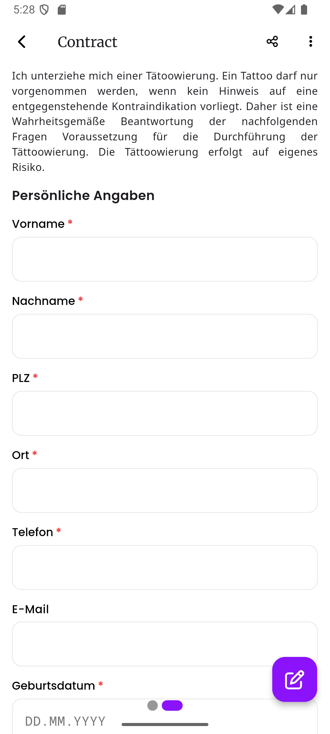 inkStar piercing consent form with age verification workflow