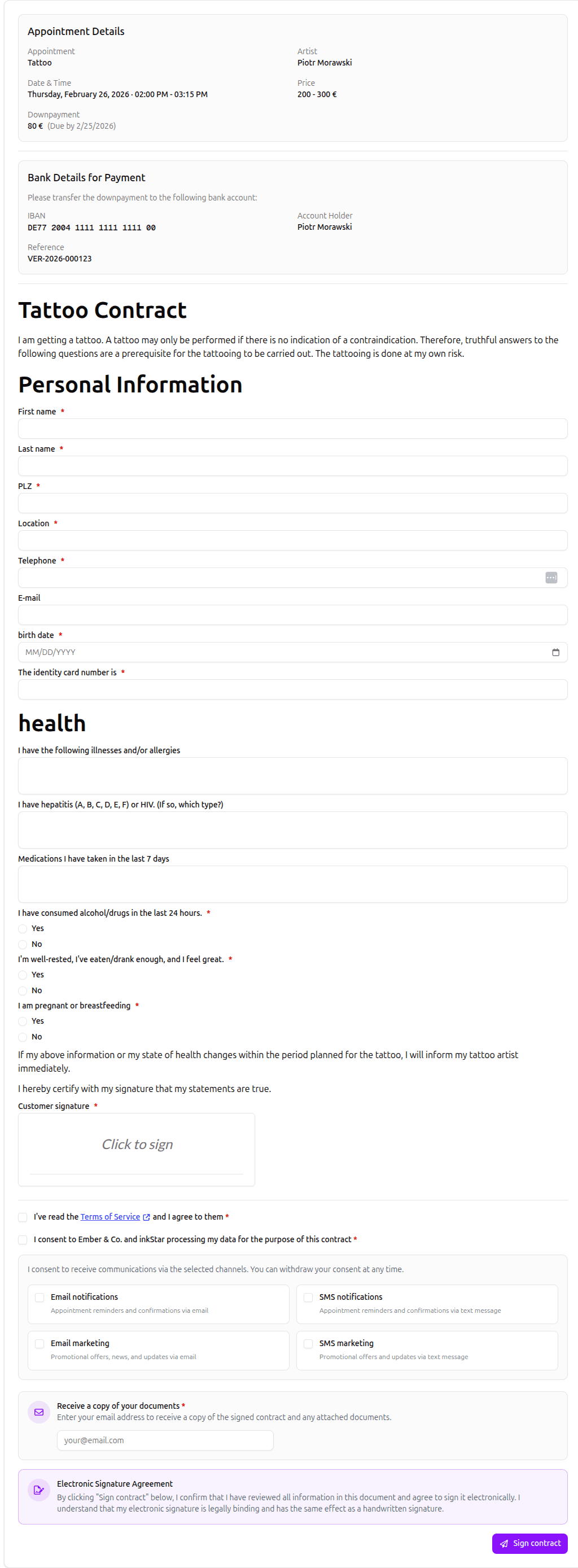 inkStar intake form on a client's phone showing health screening questions, allergy fields, and a digital signature