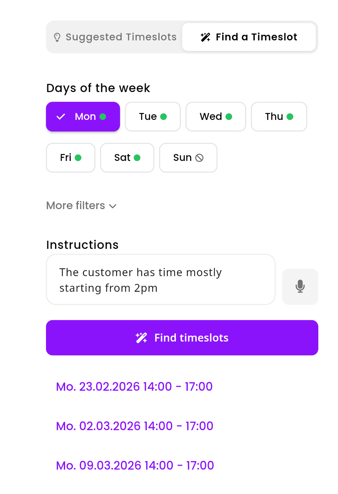 inkStar smart timeslot finder showing available days of the week, natural language instructions, and suggested free appointment slots