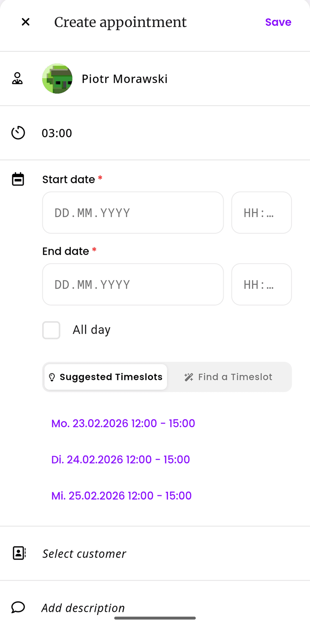 inkStar create appointment screen with employee assignment, duration, date selection, and smart timeslot suggestions based on availability