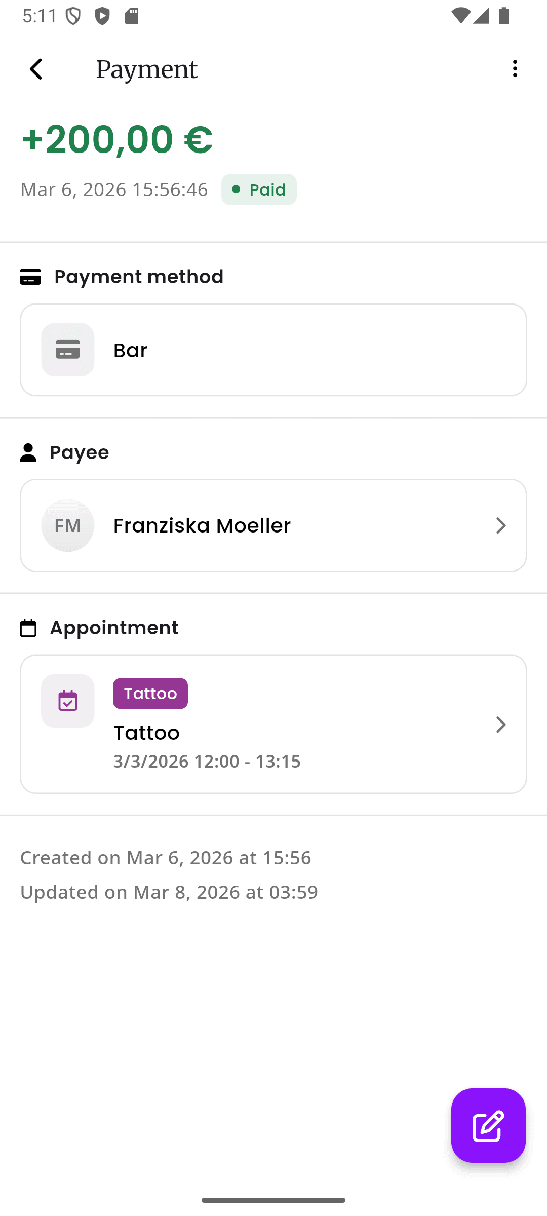 inkStar payment details screen showing an appointment-related invoice