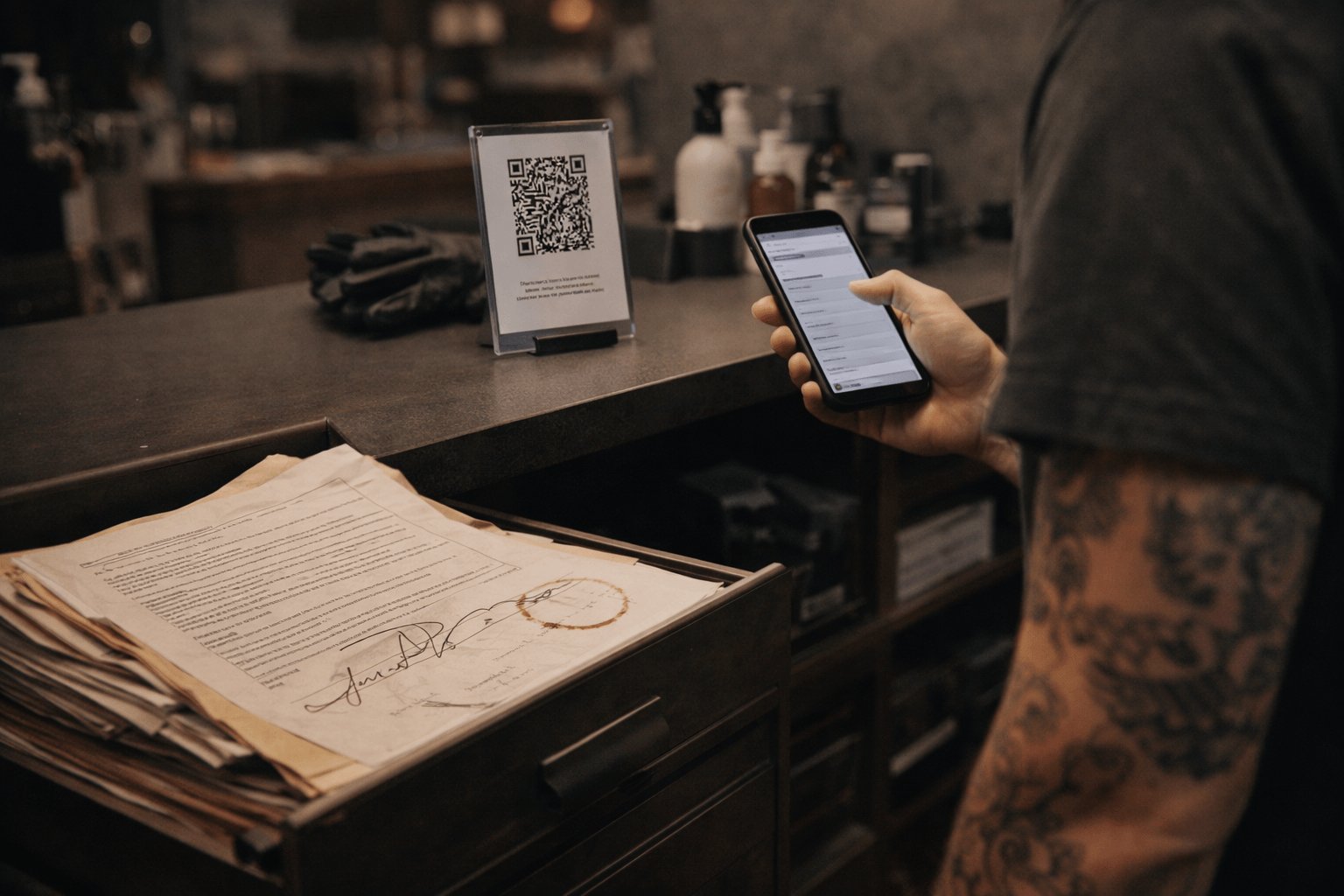 Tattoo artist scanning a QR code on their phone next to a drawer of stained paper consent forms