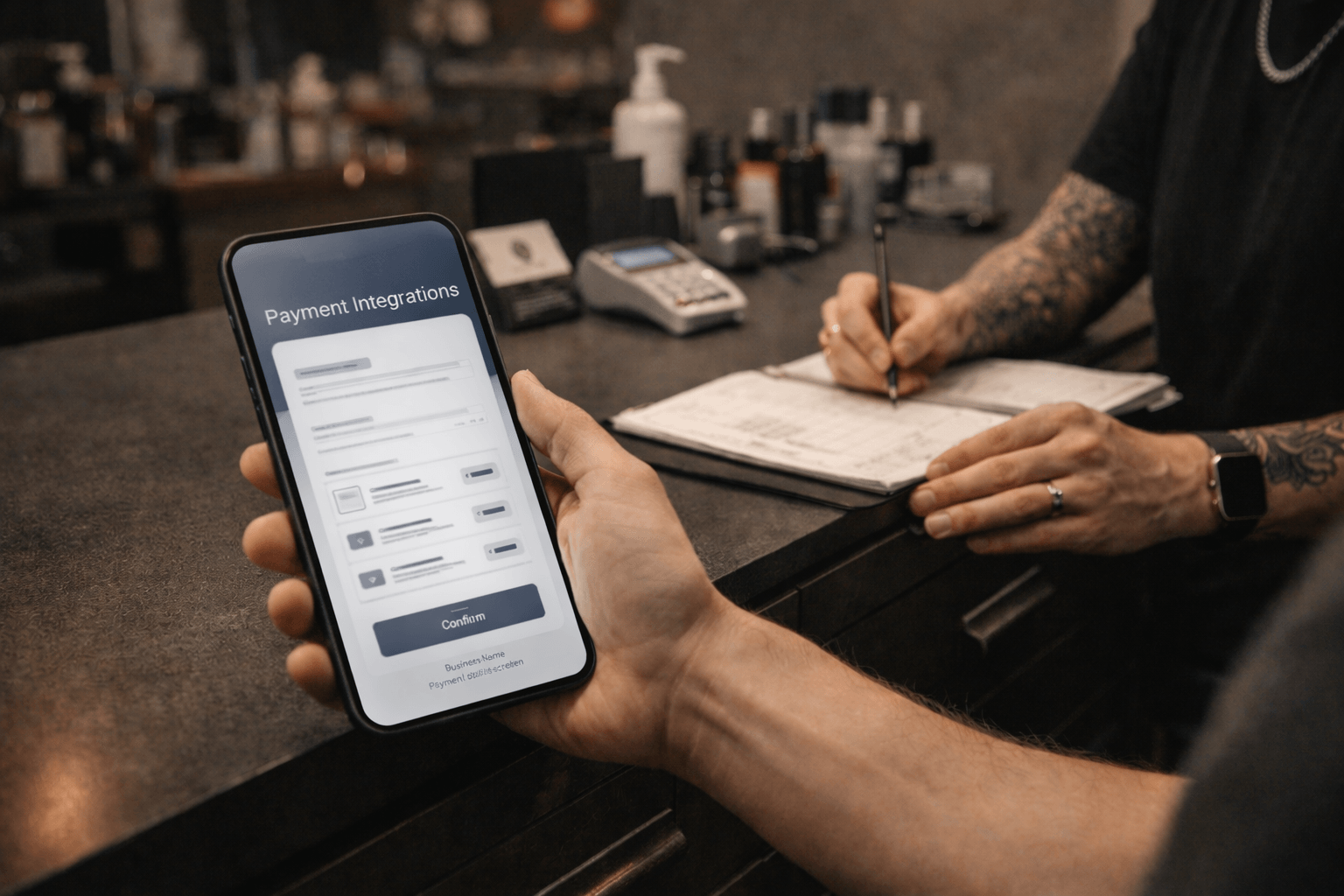 Phone displaying tattoo studio payment integrations with multiple payment methods at a studio counter