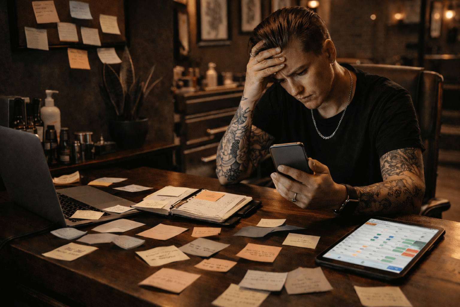 Stressed tattoo artist surrounded by sticky notes and scattered scheduling trying to manage tattoo appointments across multiple devices