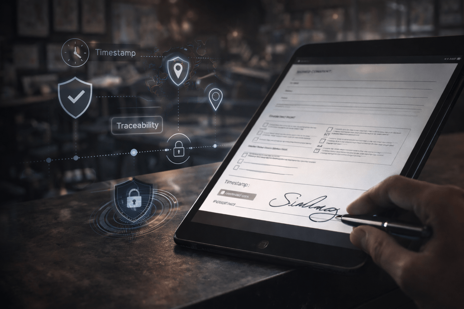 Tablet displaying an e-signature on a tattoo release form with timestamp, traceability, and security verification overlay