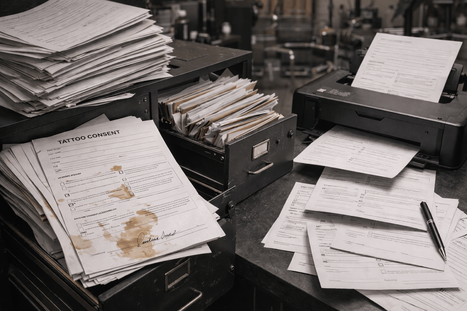 Overflowing filing cabinet with stained and disorganized paper tattoo consent forms
