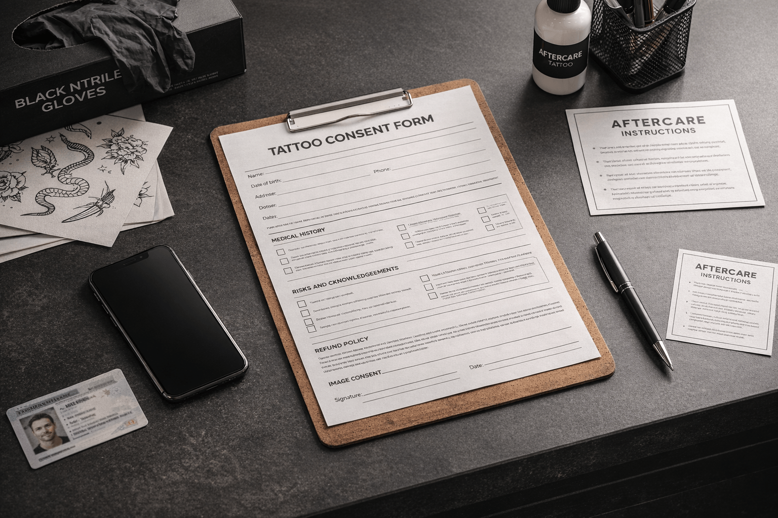 Tattoo consent form template showing medical history, risk acknowledgment, refund policy, and image consent sections on a clipboard